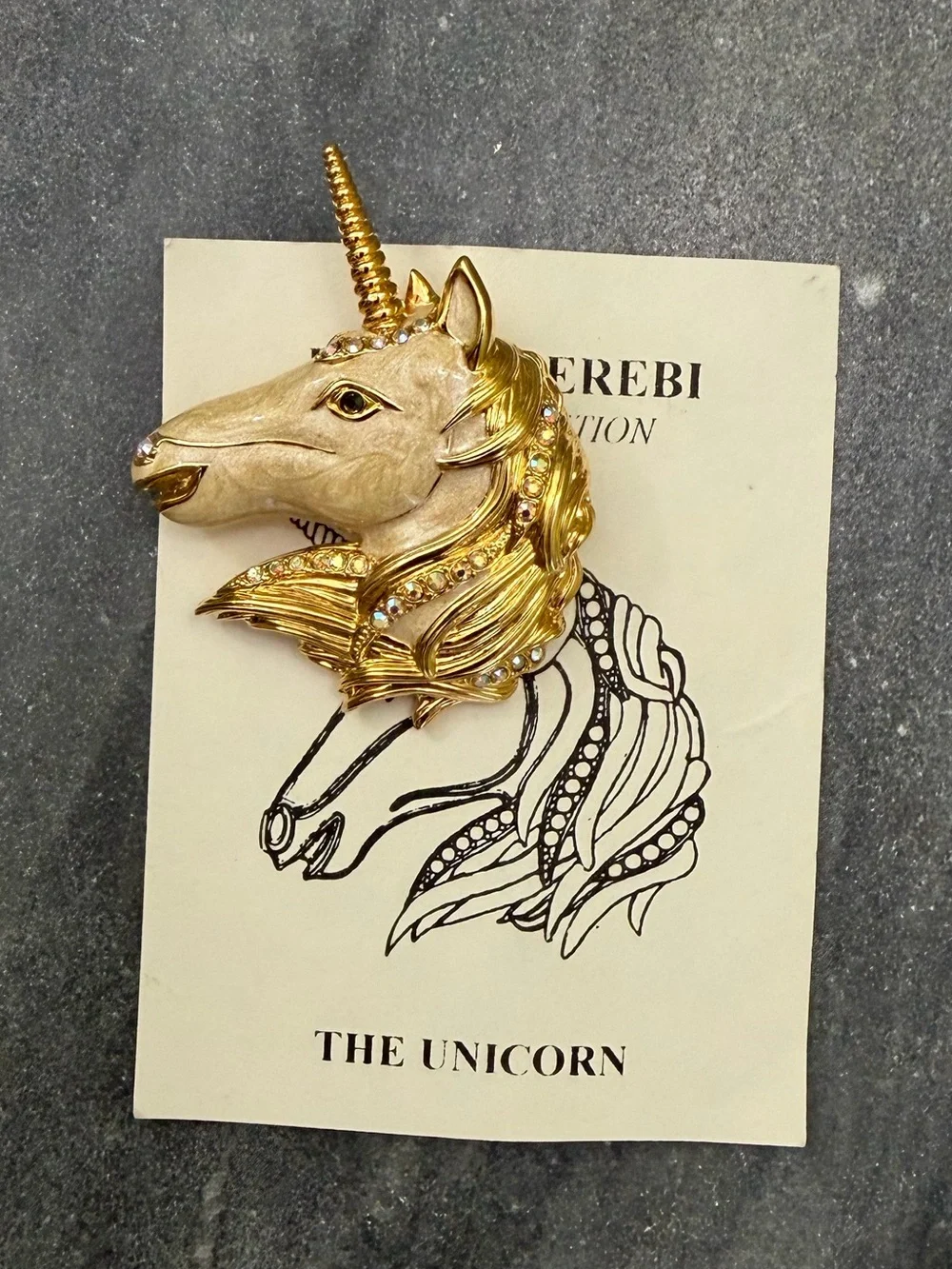 Vintage Edgar Berebi Gold Unicorn Enamel Crystal Brooch COA